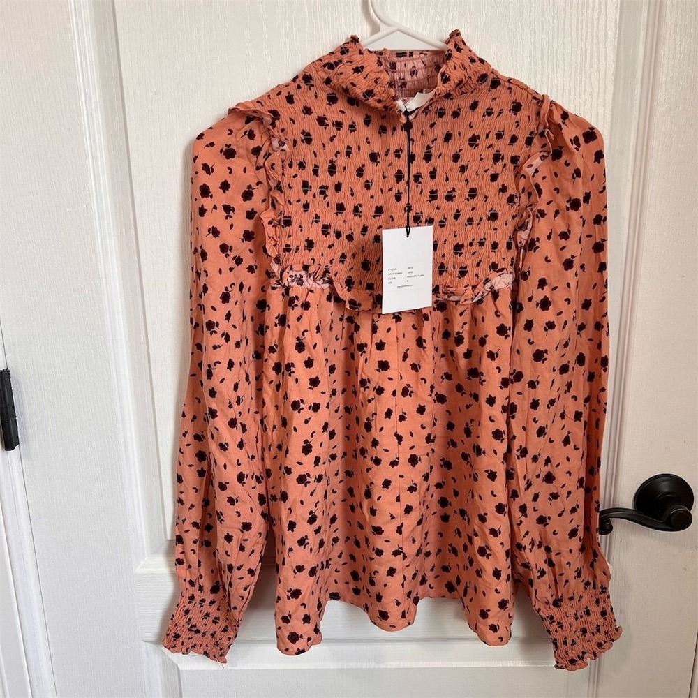 Glamorous Peach Ditsy Floral Smocked Ruffle High Neck Blouse KK0139 Womens US 4